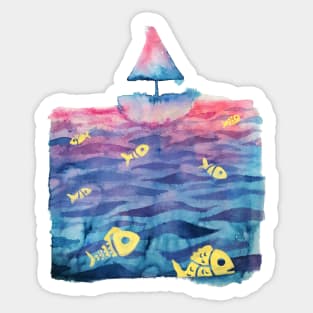 Sea, Boat & Fish Watercolor Sticker